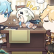 Chongyun and Aether and Paimon having a snack.
